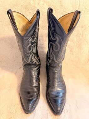 Tony Lama Black Lizard-Textured Leather Cowboy Boots